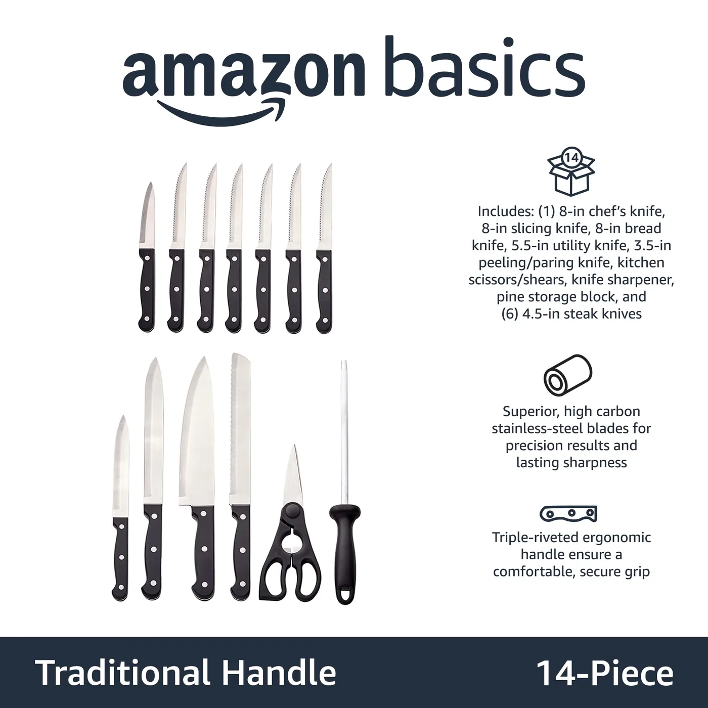 Amazon Basics 14-Piece Kitchen Knife Set with Block — photo 2